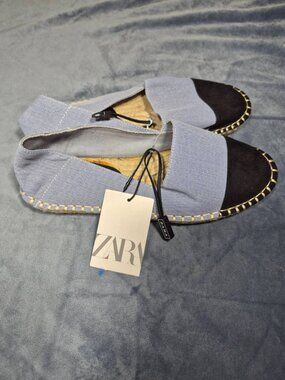 New Zara Denim Blue & Black Cap Toe Esparto Espadrilles Jute Flats size (6) 36